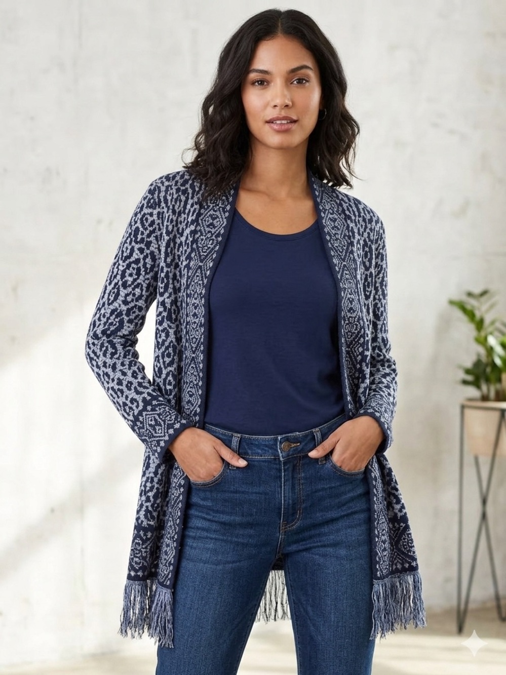 Ruby Rd. Leopard Print Shimmer Fringed Open Cardigan